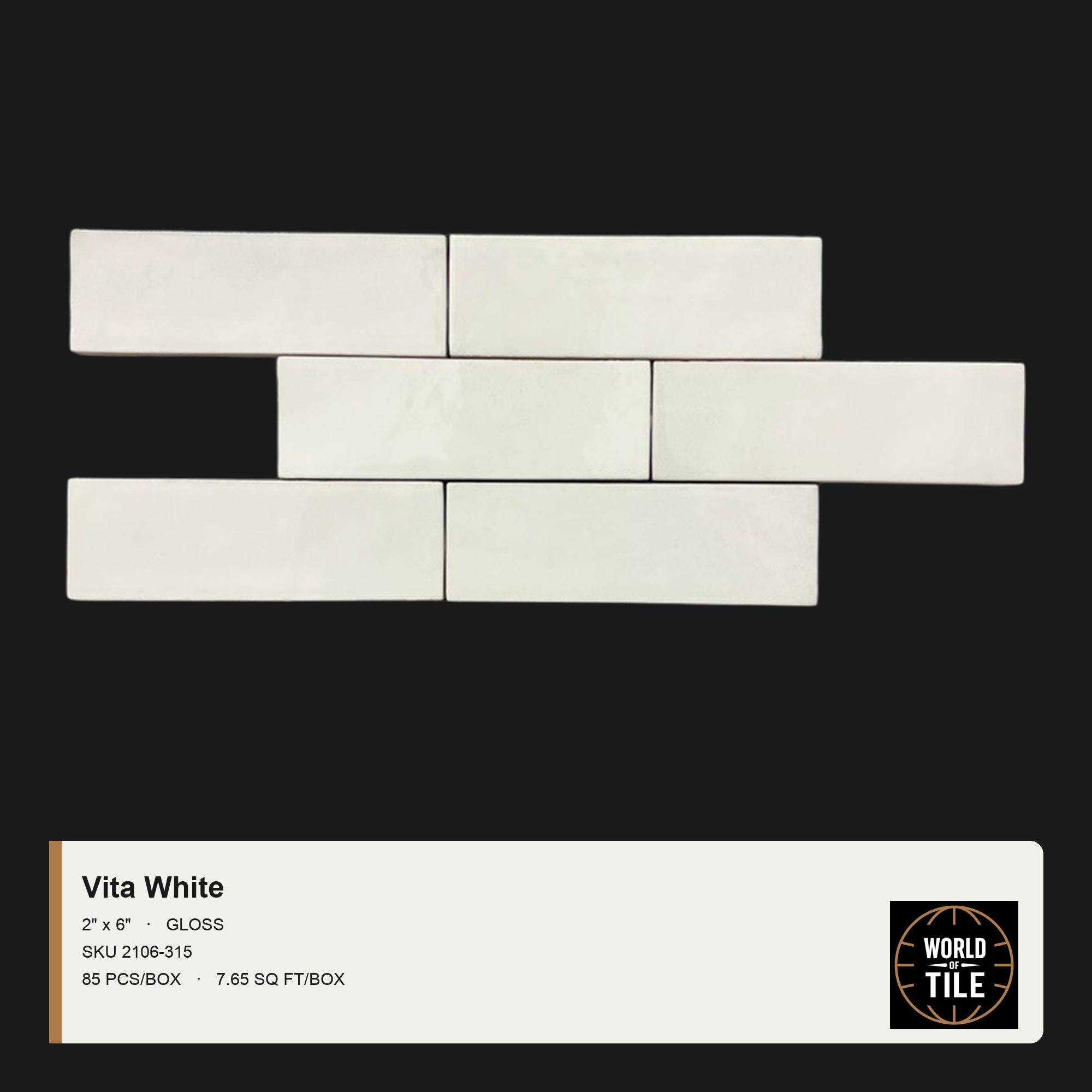 Vita White Gloss 2" x 6" ceramic subway tile
