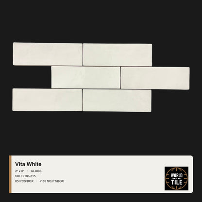 Vita White Gloss 2" x 6" ceramic subway tile